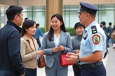 Public servant assisting citizens with a smile.