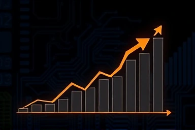 Career path transforming with technical symbols and upward trend.