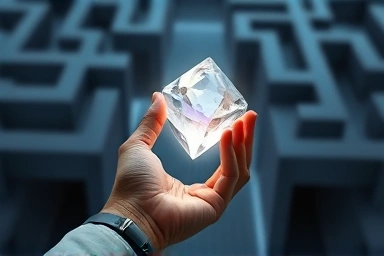 Person holding glowing certification crystal, illuminating a maze path.