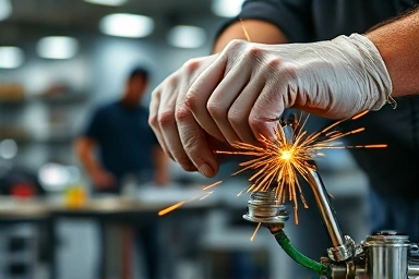 Technician's hands working on machinery, practical skills demonstration.