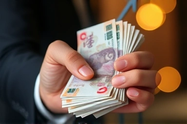 Korean Won banknotes with upward financial graph