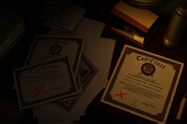Fake vs. real virtual asset certification documents on a desk.