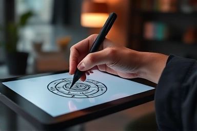 Designer sketching logo on digital tablet in studio