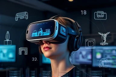 VR AR content creator in a futuristic studio with holographic designs.