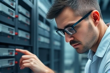 Technician working on advanced communication equipment