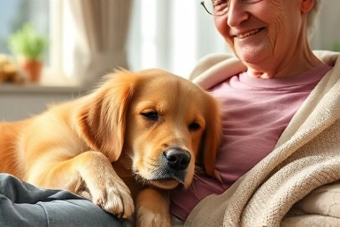 Elderly dog resting peacefully with owner