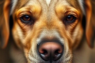 Close-up of an elderly dog's wise, content face
