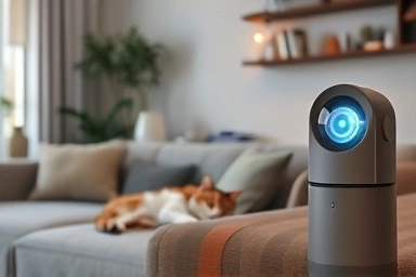 AI pet camera observing a calm cat at home.