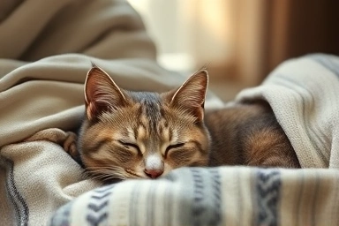 Cat sleeping peacefully on owner's lap.