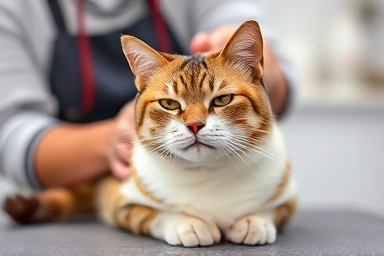 Calm cat receiving anesthesia-free hygiene grooming by expert