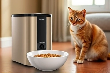 Modern automatic cat feeder dispensing kibble.