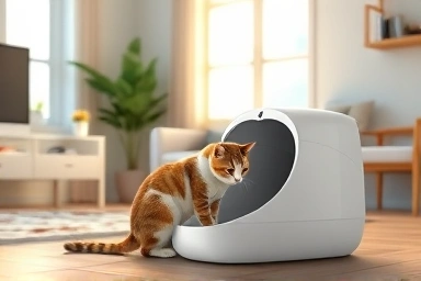 Cat using a modern automatic litter box in a bright living room.