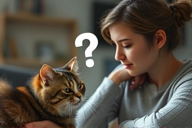 Cat owner and cat with problem-solving lightbulb symbol