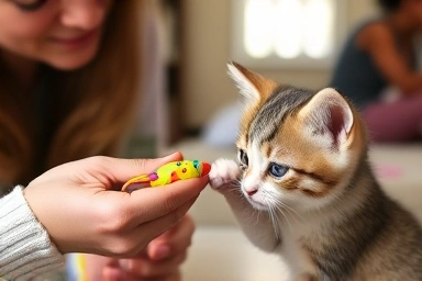Cat owner offering toy to playful kitten biting fingers