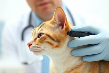 Veterinarian examining cat's ear, diagnostic process.