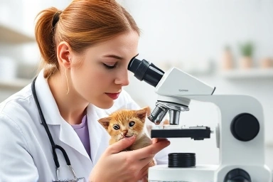 Veterinarian examining cat blood sample under microscope.