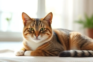 Healthy cat resting in sunlit room.
