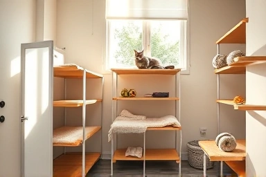 Cozy cat boarding facility with natural light and enrichment.