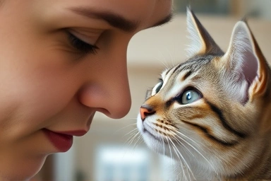 Human and cat sharing a slow blink, symbolizing trust.