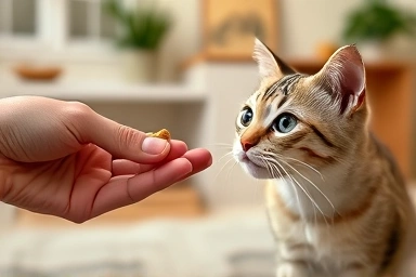 Human offering a treat to a cat, building positive association.