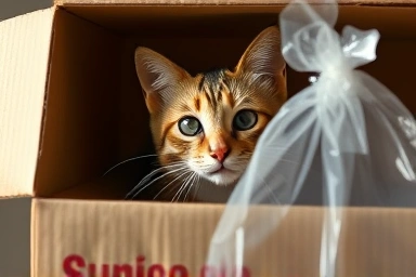 Cat peeking from box with hint of plastic bag intrigue.