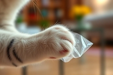 Cat's paw touching crinkled plastic bag, sensory focus.