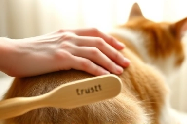 Gentle hand petting cat, soft brush foreground, trust and comfort.