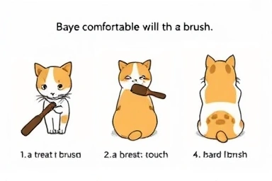Cat brushing training steps: sniffing, touching, gentle brushing.