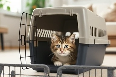 Cat peeking out of carrier, carrier training, safe space for cat