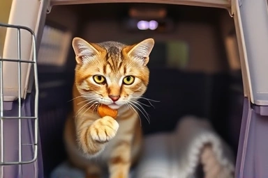 Cat interacting with carrier treat, positive reinforcement, carrier adaptation