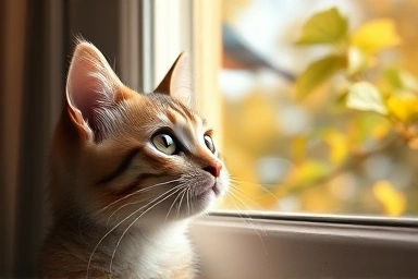 Cat watching birds outside window, longing gaze.