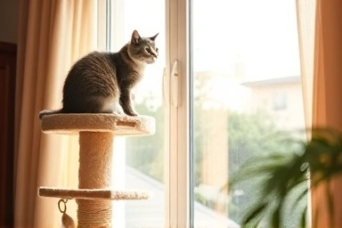 Cat perch by window, safe observation spot.