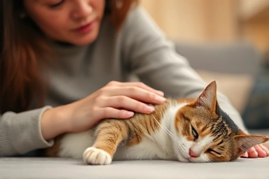 Cat owner comforting a lethargic cat