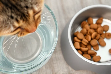 Cat's water bowl and food bowl indicating thirst
