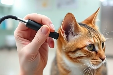 Veterinarian examining cat's ear with otoscope.