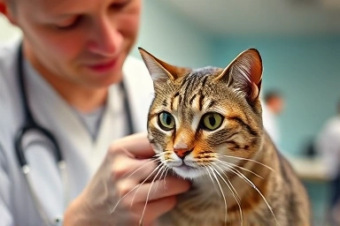 Veterinarian examining a cat for feline leukemia virus.