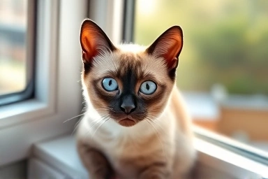 Intelligent Siamese cat with striking blue eyes.