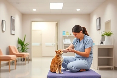 Calm cat-friendly veterinary clinic interior, gentle vet examining cat.