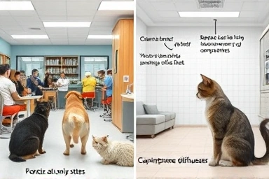 Contrast of stressful vs. calm cat-exclusive vet waiting areas.