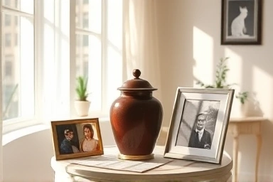 Serene memorial space with cat urn, photos, and soft lighting.