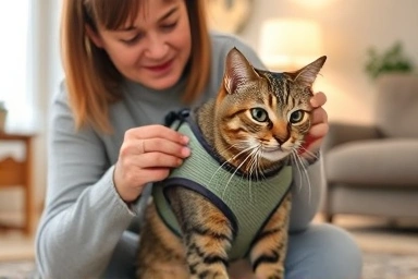 Owner fitting cat harness, gentle interaction, safe pet accessory