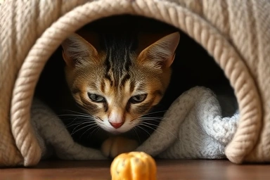 Cat curiously approaches hideout with a treat inside.