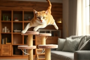 Cat jumping onto a modern, multi-level cat tree.