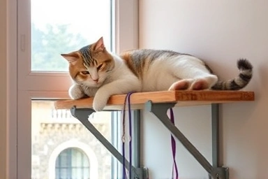 Cat resting comfortably on a high wall shelf, surveying its surroundings.