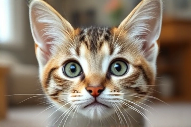 Cute cat with concerned eyes, healthy pet care concept.