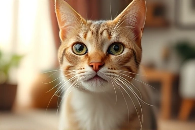 Happy cat in cozy home, symbolizing pet health and care.