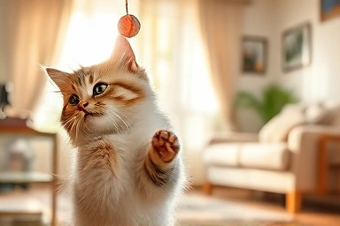 Fluffy cat playing, irresistible charm, cozy living room, sunlight.