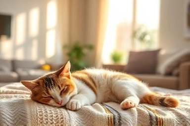 Cat sleeping peacefully in sunlit room, symbolizing allergy relief.