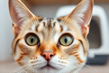 Healthy cat with clear eyes near clean litter box.