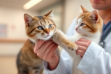 Veterinarian gently holding cat's paw, symbolizing pet care and safety.